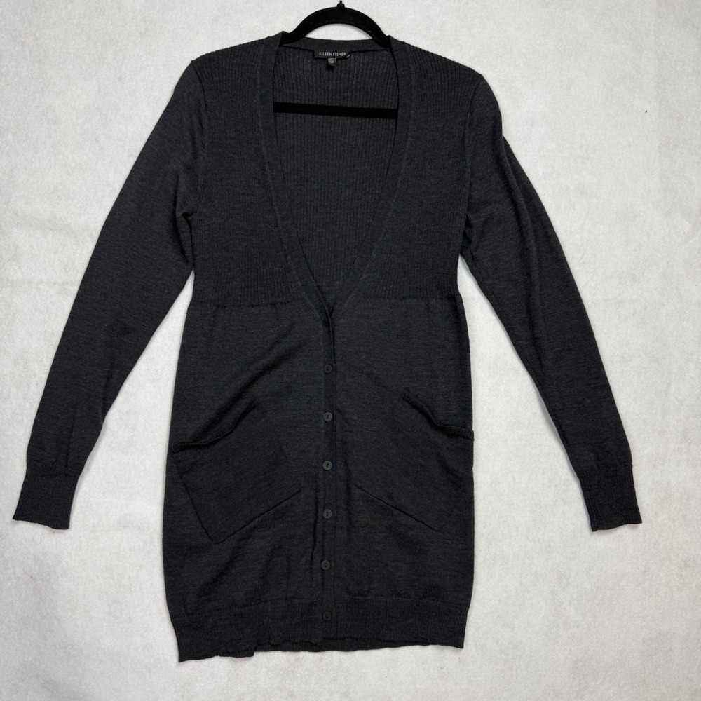 EILEEN FISHER Women's Wool Button Front Cardigan‎ Ribbed Knit Size XS Charcoal